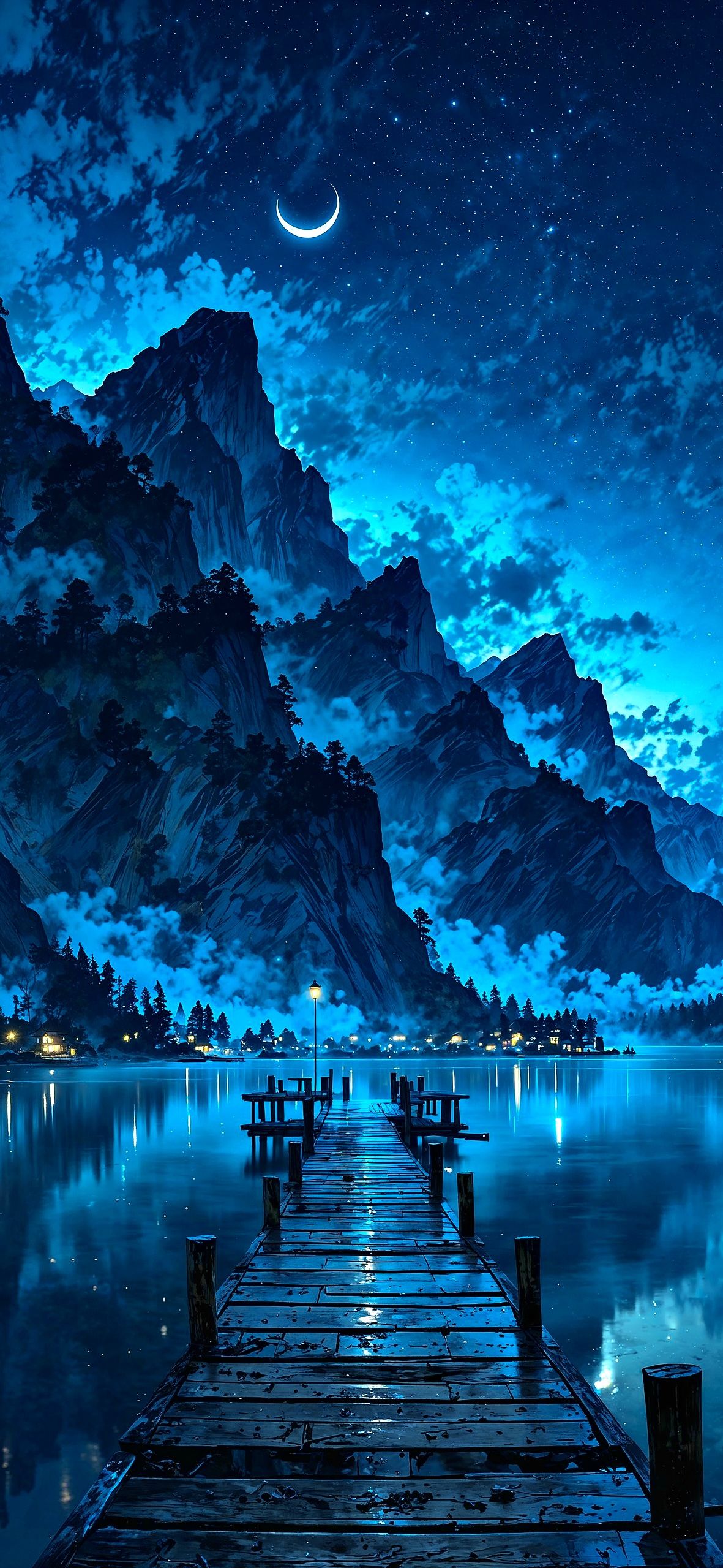 Wooden Pier Calm Water Moon